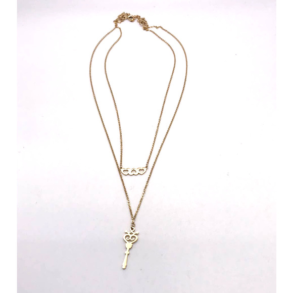 18k Layered Choker Necklace with Hearts and Key charm 14" /18" with Extender - Picture 11 of 14